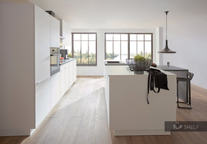 nobilia Küche mit Kücheninsel Easytouch 967 Lacklaminat Alpinweiss ultramatt 330+274 cm konfigurierbar mit E-Geräten seitlich