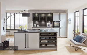 nobilia Küche mit Kücheninsel Fashion 165 Lack Steingrau matt 300+210cm konfigurierbar mit E-Geräten spiegelverkehrt