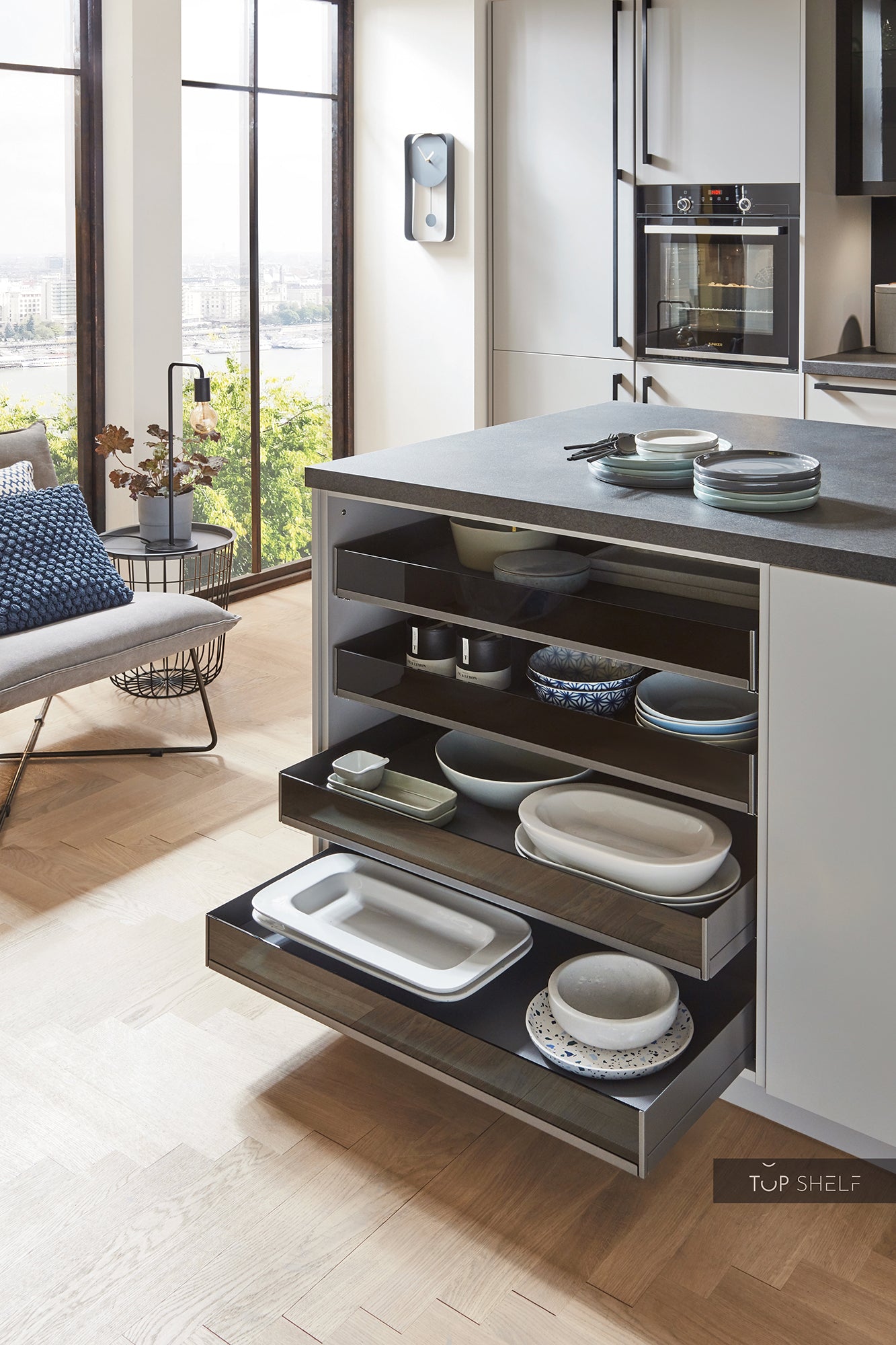 nobilia Küche mit Kücheninsel Fashion 165 Lack Steingrau matt 300+210cm konfigurierbar mit E-Geräten