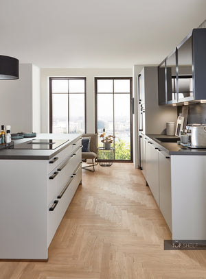 nobilia Küche mit Kücheninsel Fashion 165 Lack Steingrau matt 300+210cm konfigurierbar mit E-Geräten seitlich