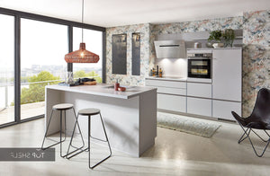 nobilia Küche mit Kücheninsel Fashion 165 Lack Steingrau matt 330+180cm konfigurierbar mit Elektrogeräten Spiegelverkehrt