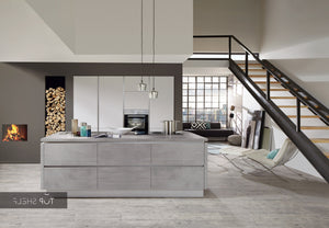 nobilia Küche mit Kücheninsel Fashion 171 Lack Seidengrau Akzent 330 Beton grau matt 240+240cm konfigurierbar mit Elektrogeräten spiegelverkehrt