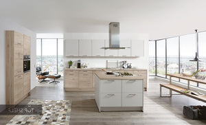 nobilia Küche mit Kücheninsel Fashion 171 Lack Seidengrau matt 360+120+180cm konfigurierbar mit E-Geräten spiegelverkehrt