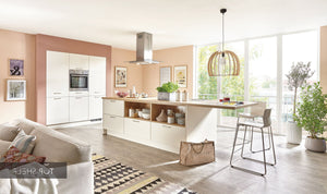 nobilia Küche mit Kücheninsel Fashion 175 Lack Magnolia matt 280+180cm konfigurierbar mit E-Geräten spiegelverkehrt