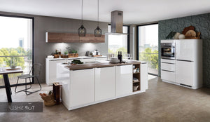 nobilia Küche mit Kücheninsel Flash 503 Lacklaminat Alpinweiss Hochglanz 240+240+120 cm konfigurierbar mit E-Geräten spiegelverkehrt