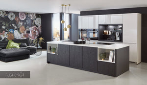 nobilia Küche Küchenzeile mit Kücheninsel Flash 503 Lacklaminat Alpinweiß Hochglanz 300+300 cm konfigurierbar mit E-Geräten spiegelverkehrt