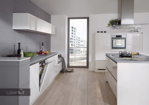 nobilia Küche mit Kücheninsel Focus 470 Lack Alpinweiß ultra-hochglanz 180+200+360cm konfigurierbar mit E-Geräten seitlich spiegelverkehrt