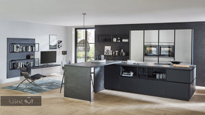 nobilia Küche mit Kücheninsel Inox 216 Lacklaminat Stahl gebürstet Nachbildung 240+280cm konfigurierbar mit E-Geräten spiegelverkehrt