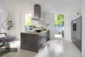 nobilia Küche mit Kücheninsel Lux 823 Lack Schiefergrau Hochglanz 180+240 cm konfigurierbar mit E-Geräten spiegelverkehrt
