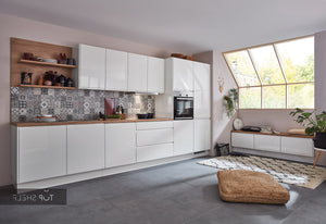 nobilia Küche Küchenzeile Pura 834 Lack Weiß Hochglanz 400 cm konfigurierbar mit E-Geräten spiegelverkehrt