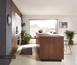 nobilia Küchenzeile mit Kücheninsel Riva 840  Nussbaum 244 + 243 x 110 cm konfigurierbar mit E-Geräten seitlich spiegelverkehrt
