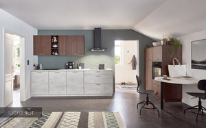 nobilia Küche Küchenzeile Riva 840  Nussbaum / Weißbeton 280 + 120 cm konfigurierbar mit E-Geräte spiegelverkehrt