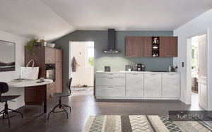 nobilia Küche Küchenzeile Riva 840  Nussbaum / Weißbeton 280 + 120 cm konfigurierbar mit E-Geräte