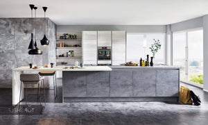 nobilia Küche mit Kücheninsel Riva 889 Beton Schiefergrau 420 + 270 cm konfigurierbar mit E-Geräten gespiegelt