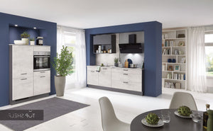 nobilia Küche Küchenzeile Riva 891 Weißbeton 240 + 120 cm konfigurierbar mit E-Geräten spiegelverkehrt