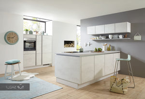 nobilia Küche mit Kücheninsel Riva 891 Weißbeton 245 x 110 + 150 cm mit Elektrogeräten spiegelverkehrt
