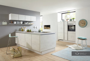 nobilia Küche mit Kücheninsel Riva 891 Weißbeton 245 x 110 + 150 cm mit Elektrogeräten