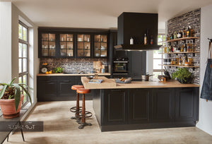 nobilia Küche mit Kücheninsel Sylt 851 Lack Schwarz matt 360+240cm konfigurierbar mit E-Geräten spiegelverkehrt