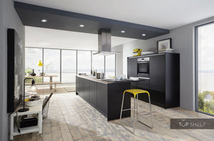 nobilia Küche mit Kücheninsel Touch 340 Lacklaminat Schwarz supermatt 300 + 180 cm konfigurierbar mit E-Geräte