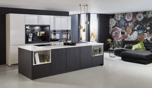 nobilia Küche Küchenzeile mit Kücheninsel Flash 503 Lacklaminat Alpinweiß Hochglanz 300+300 cm konfigurierbar mit E-Geräten