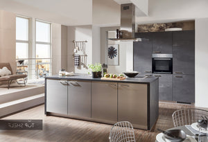nobilia Küche mit Kücheninsel Speed 288 Schwarzbeton 250 + 180 cm konfigurierbar mit Elektrogeräten spiegelverkehrt