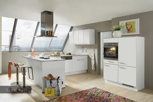 nobilia Küche mit Esstheke Speed 244 Alpinweiß 300 x 180 cm + 120 cm Küche konfigurierbar mit Elektrogeräten spiegelverkehrt