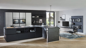 nobilia Küche mit Kücheninsel Inox 216 Lacklaminat Stahl gebürstet Nachbildung 240+280cm konfigurierbar mit E-Geräten