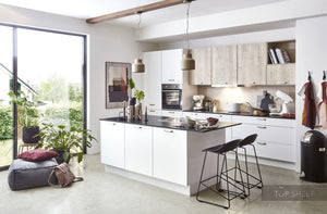 nobilia Kücheninsel mit Küchenzeile Artis 938 Glasoptik Alpinweiß matt 365 + 180 cm moderne Küche mit oder ohne Geräte