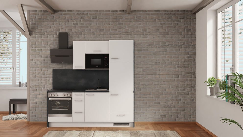nobilia Miniküche Ahrensburg 210 cm Weiß matt Beton Schiefergrau mit Elektrogeräten