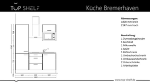 nobilia Miniküche Bremerhaven 180 cm komplett mit E-Geräten Weiß Singleküche konfigurierbar Skizze 