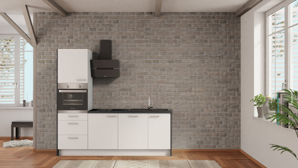 nobilia Pantryküche Ratingen 225 cm Weiß matt Beton Schiefergrau komplett mit Kochfeld