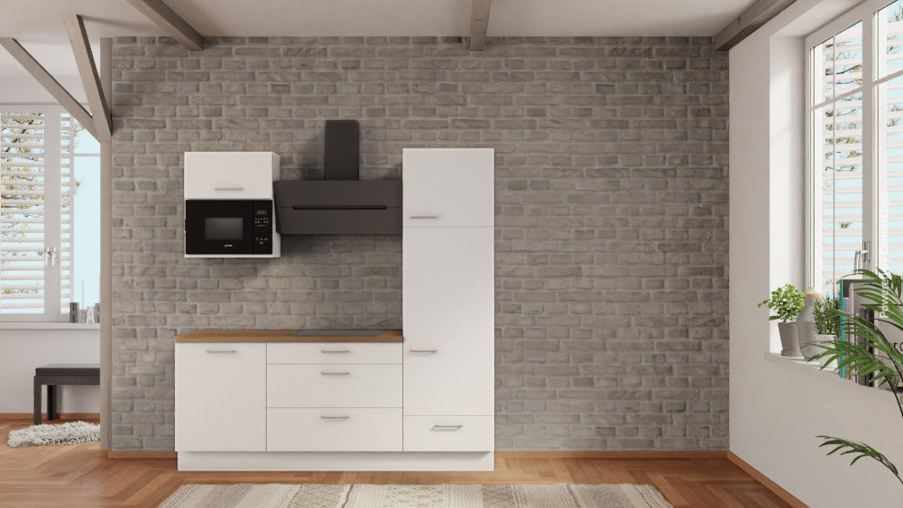 nobilia Singleküche Darmstadt 210 cm Weiß matt Eiche Provence mit Kühlschrank &amp; Geschirspüler