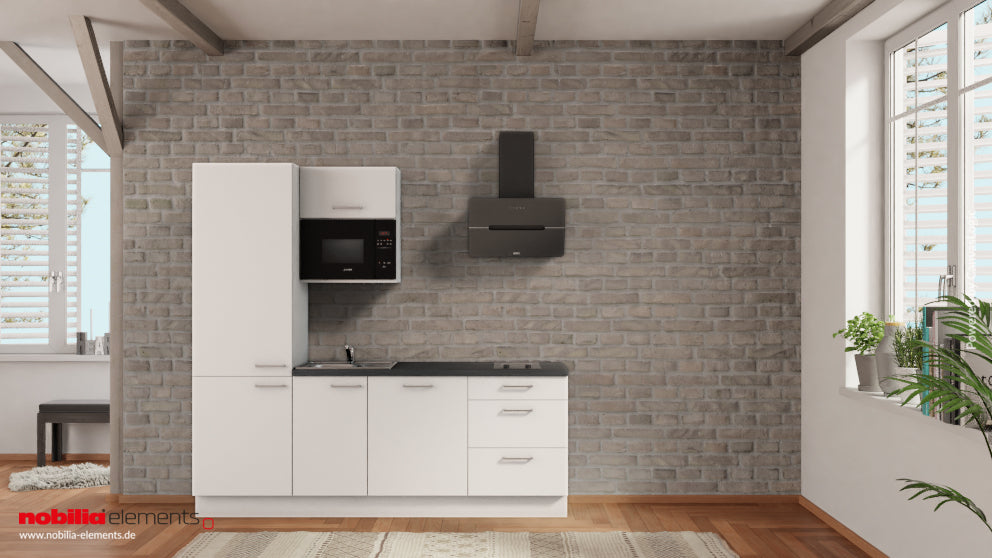 nobilia Singleküche Eschweiler 225 cm Weiß matt Beton Schiefergrau komplett mit Kochfeld