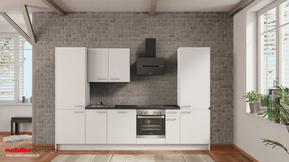 nobilia Singleküche Meerbusch 315 cm Alpinweiß matt Beton Schiefergrau mit Kühlschrank &amp; Geschirspüler