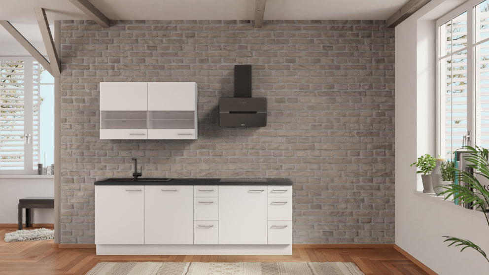 nobilia Singleküche Rosenheim 240 cm Weiß matt Beton Schiefergrau mit Geschirspüler