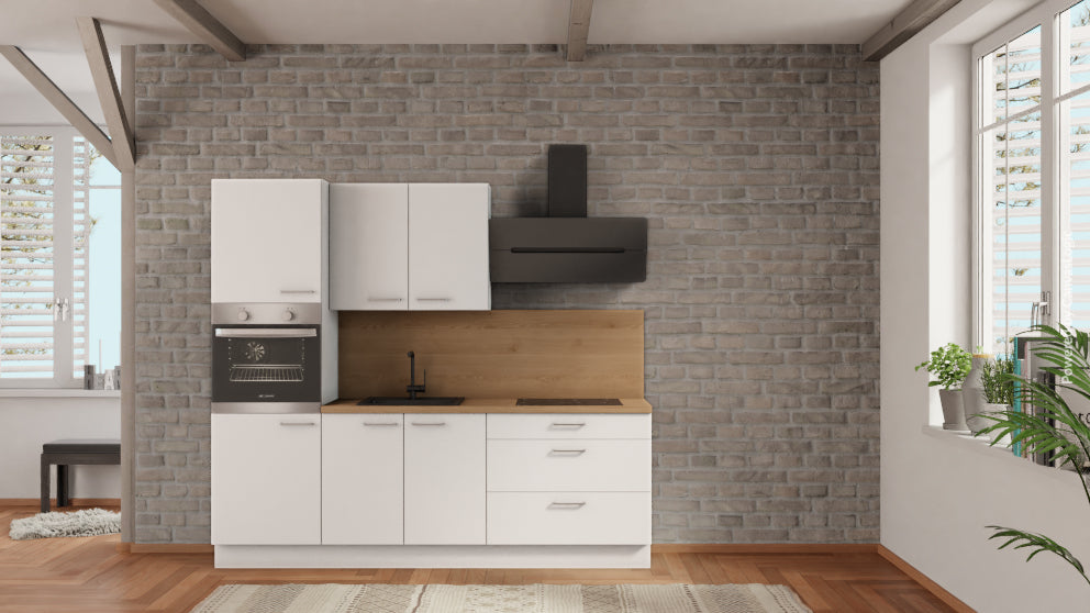 nobilia Singleküche Schwerin 240 cm Weiß matt Eiche Provence komplett mit Kochfeld