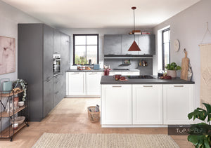 nobilia Winkelküche mit Kücheninsel Eckküche Nordic 782 Lack Weiss matt 365x245 cm konfigurierbar mit E-Geräten