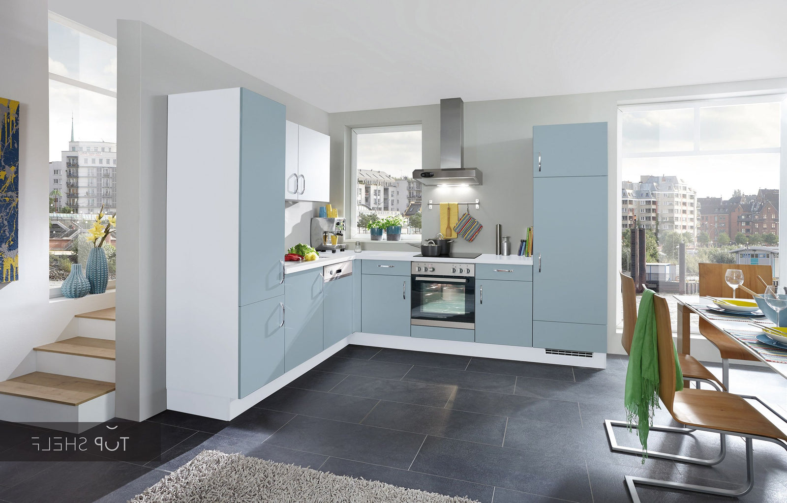 nobilia winkelkeuken hoekkeuken Touch 337 Aqua supermatt 250x310 cm configureerbaar, met hoge kast