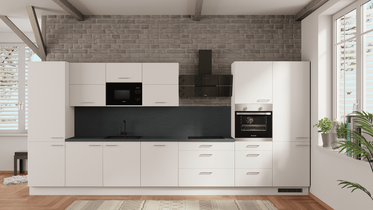 nobilia Einbauküche 450 cm Alpinweiß matt Küchenzeile mit E-Geräten 354 Beton Schiefergrau nobilia - top-shelf.de
