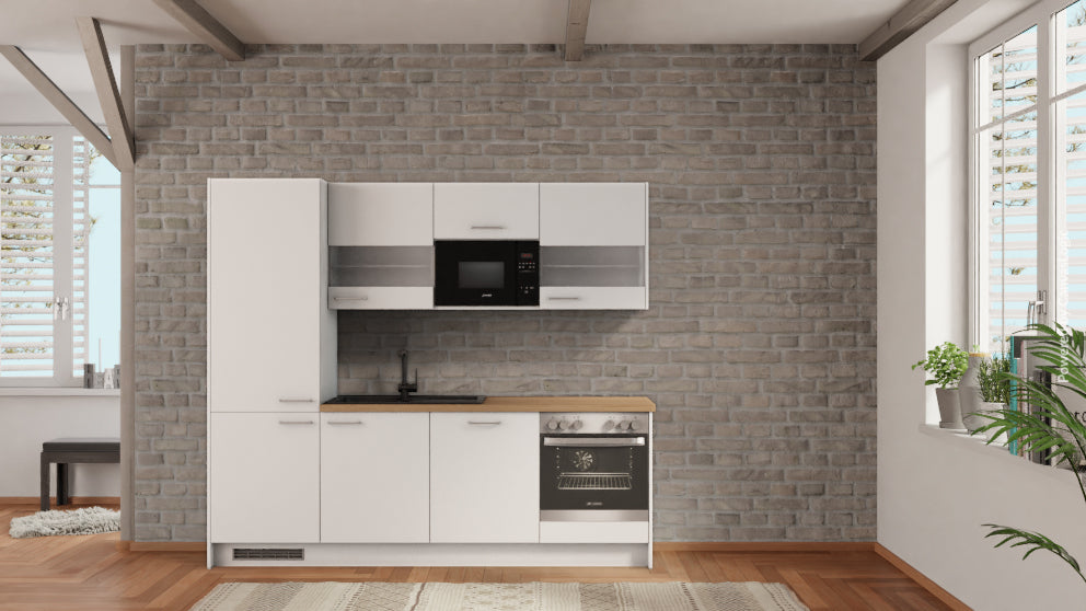 nobilia Appartementküche Münster 240 cm günstig ab Werk kaufen Eiche Provence mit Kühlschrank &amp; Geschirspüler