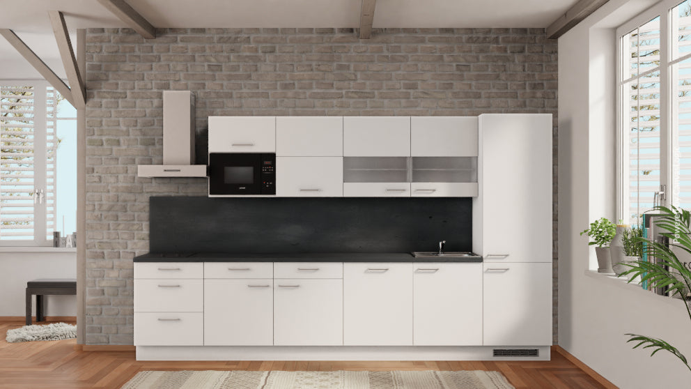 nobilia küchenzeilen Bergisch Gladbach 360 cm Alpinweiß matt Beton Schiefergrau mit Kühlschrank &amp; Geschirspüler