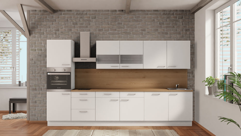 nobilia Cocinas Recklinghausen 360 cm Blanco mate Roble Provenza completo con placa de cocina
